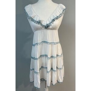 Boston Proper Tiered Mini Dress White Gauze Blue Pom Pom Trim Open Back Size L